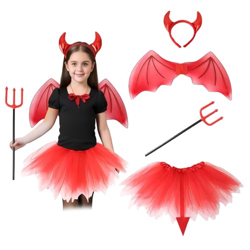 Satiskid Kinder Teufel Kostüm, Kinder Teufelchen Kostüm mit Teufel Hörner Stirnband, Flügel, Tutu Rock und Dreizack Requisite, Mädchen Halloween Cosplay Kostüme, Fancy Dress für 80-140cm Kinder (Rot) von Satiskid