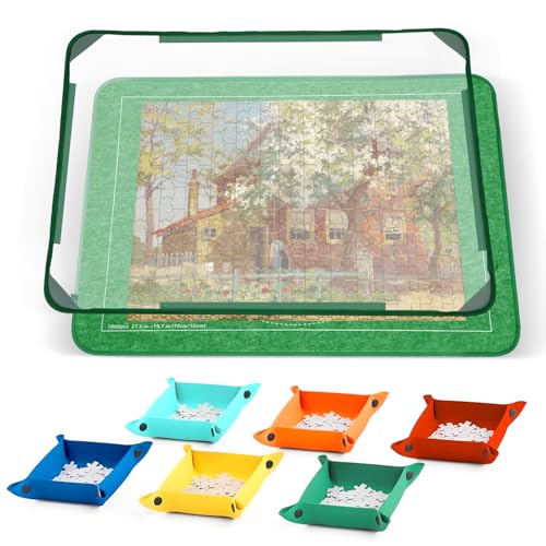 Savieva Puzzlematte 1000 Teile, Puzzlematten für Puzzle bis 1000, 81x56cm Filz-Puzzlematte mit 6 Sortierschalen und transparenter Abdeckung, ideal für Kinder, Anfänger, Senioren (Grün) von Savieva