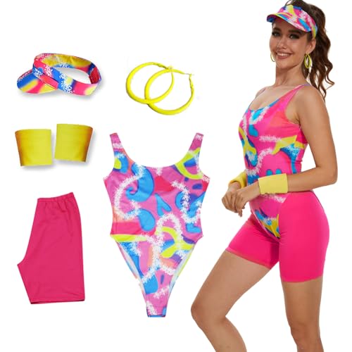 Saxcdyi 80er Jahre Workout Kostüm Outfit Trikot Leggings Armbänder Sonnenblende Ohrringe Set Halloween Frauen Margot Robbie Cosplay L von Saxcdyi