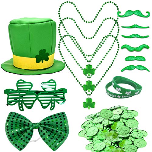 Sayala St Patrick's Day Accessory Set,Irish Shamrock Hut Kobold Zylinder und Bart,Gummibänder Armbänder, Mustache,Shamrock Gläser,Shamrock-Münzen Irish Day Zubehör von Sayala