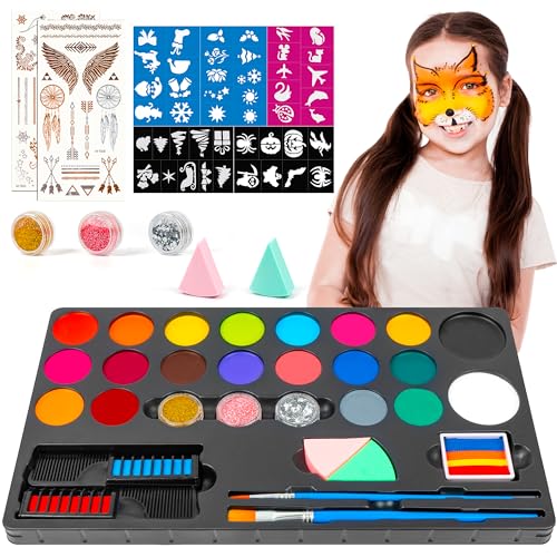 Sayapeiy Kinderschminke Set - Schminke Kinder 20 Farben Schminkpalette Glitzer Pinsel Schablonen - Halloween Schminke Faschingsschminke Theaterschminke Karnevalsschminke für Karneval Make-up Fasching von Sayapeiy