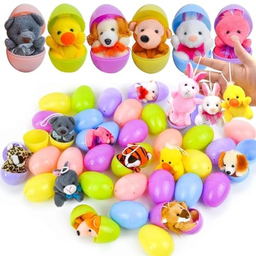 12 Stück Gefüllte Ostereier mit Plüsch Osterhase,Prefilled Plastik Ostereier zum Befüllen Plüschtiere Ostereiersuche Osterkörbchen,Korb Stuffers Kaninchen Osterhasen Eierjagd (Animals, One Size) von Sbyhbhyds