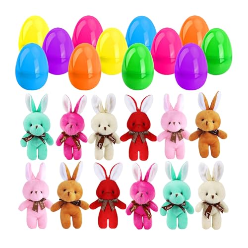 12 Stück Gefüllte Ostereier mit Plüsch Osterhase,Prefilled Plastik Ostereier zum Befüllen Plüschtiere Ostereiersuche Osterkörbchen,Korb Stuffers Kaninchen Osterhasen Eierjagd Füller (Bunny, One Size) von Sbyhbhyds