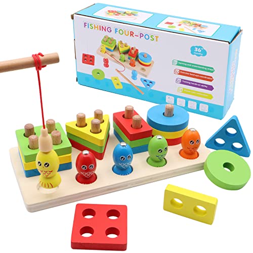 Montessori Spielzeug ab 1 2 3 Jahre, Holz Sortier- & Stapelspielzeug Steckpuzzle für 12+ Monate Baby-Jungen & Mädchen, geometrische Baukasten, Shape Sorter Puzzles Magnetisch Fischereispielzeug von Scettar