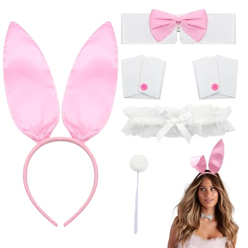 Scettar Bunny Kostüm Set, Damen Bunny Zubehör Kostüm Set, Playboy Bunny Kostüm Erwachsene Ohren Hasenohr Stirnband, Manschetten, Kragen Fliege für Frauen Cosplay Kostüm Zubehör Set Ostern Halloween von Scettar