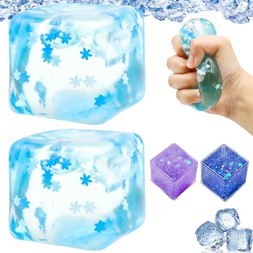 Scettar 2 Stück Anti Stress bälle, groß Eiswürfel Fidget Toys, knautschball, Squishy Cube für Kinder Erwachsene, Ängste und Stress abbauen, Kommt mit 2 Eiswürfel-Treibsand-Ornamenten(blau + lila) von Scettar