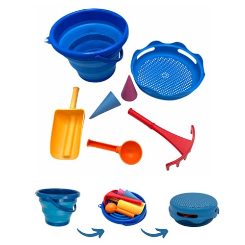 Schildkröt 7in1 Sand Toys Set, innovatives Sand-Spielset im Handtaschenformat, kompakt und platzsparend, Faltbarer 3 Liter Eimer mit 6 Sandspielzeugen zum Graben, Formen, Sieben und Rechen, 970244 von Schildkröt