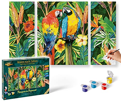 Schipper 609260853 Malen nach Zahlen - Papagaien im Regenwald -Bilder malen für Erwachsene, inklusive Pinsel und Acrylfarben, Triptychon, 50 x 80 cm von Schipper
