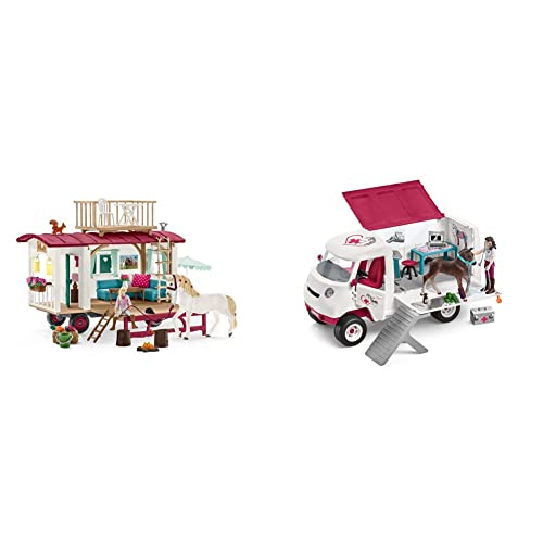 SCHLEICH 42593 Wohnwagen für geheime Club-Treffen & 42439 Mobile Tierärztin mit Hannoveraner Fohlen, für Kinder ab 5-12 Jahren, Horse Club - Spielset von SCHLEICH