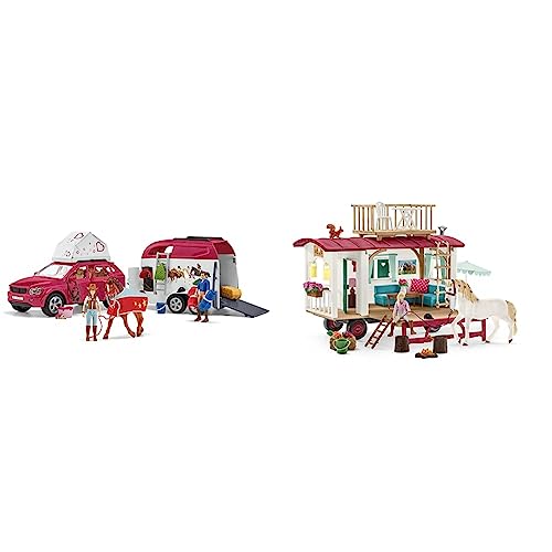 SCHLEICH 42535 Abenteuer mit Auto und Pferdeanhänger, 42593 Wohnwagen geheime Club-Treffen, für Kinder ab 5-12 Jahren, Horse Club - Spielset von SCHLEICH