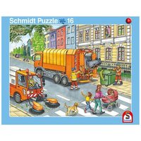 SCHMIDT SPIELE 56791 Rahmenpuzzle Fahrt mit dem Müllauto 16 Teile / Achtung, Baustelle! 24 Teile von Schmidt Spiele