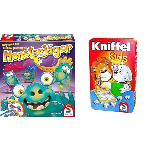 Schmidt Spiele 40557 Monsterjäger, Aktionsspiel, bunt & 51245 BMM Kniffel Kids, Bring Mich mit Spiel in der Metalldose, Bunt von Schmidt Spiele