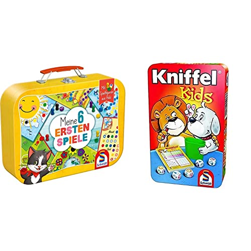 Schmidt Spiele 40591 Meine 6 ersten Spiele im Metallkoffer, Kinderspielesammlung, bunt & 51245 Kniffel Kids BMM Metalldose von Schmidt