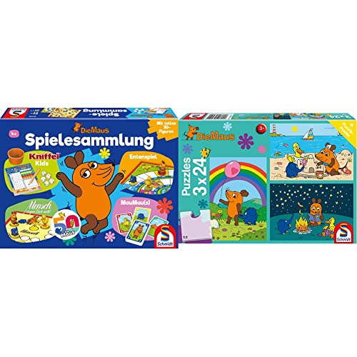 Schmidt Spiele 40598 Die Maus, Spielsammlung, Bunt & 56212 Die Maus, Gute Freunde, 3x24 Teile Kinderpuzzle von Schmidt