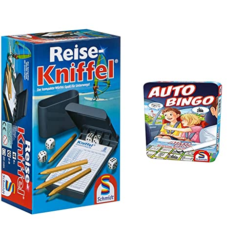 Schmidt Spiele 49091 Reise-Kniffel mit Zusatzblock, bunt & 51434 Auto-Bingo, Bring Mich mit Spiel in der Metalldose, bunt von Schmidt