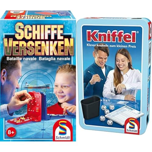 Schmidt Spiele 49092 Schiffe versenken, Reise-und Familienspiel, bunt & 51203 Kniffel, Bring Mich mit Spiel in der Metalldose, bunt von Schmidt