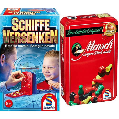 Schmidt Spiele 49092 Schiffe versenken, Reise-und Familienspiel, bunt & 51204 Mensch ärgere Dich Nicht, Bring Mich mit Spiel in der Metalldose, Bunt von Schmidt