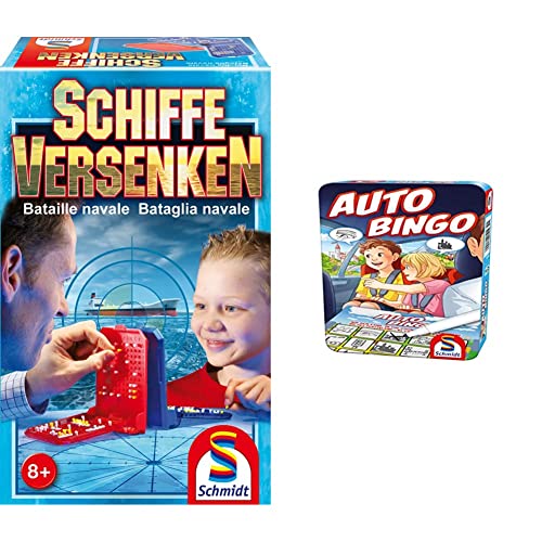 Schmidt Spiele 49092 Schiffe versenken, Reise-und Familienspiel, bunt & 51434 Auto-Bingo, Bring Mich mit Spiel in der Metalldose, bunt von Schmidt