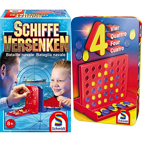 Schmidt Spiele 49092 Schiffe versenken, Reise-und Familienspiel, bunt & Schmidt Spiele 51214 BMM Vier, Bring Mich mit Spiel in der Metalldose, bunt von Schmidt