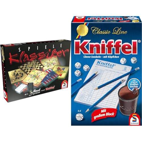 Schmidt Spiele 49120 Spiele Klassiker, Spielesammlung, 2 bis 6 Spieler & 49203 Kniffel, Classic Line, mit großem Block, mit original Kniffelbecher von Schmidt