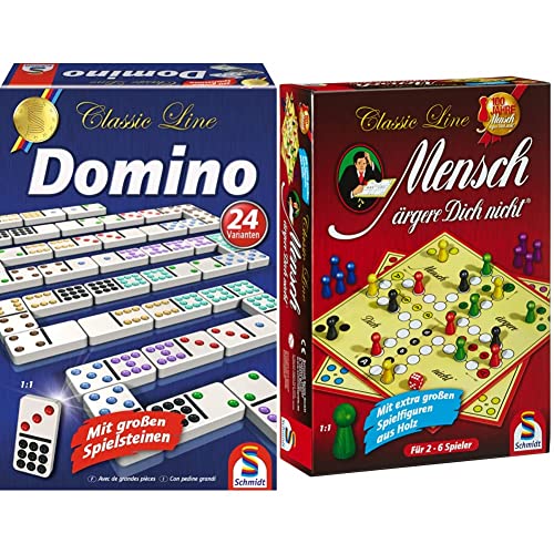 Schmidt Spiele 49207 Classic Line, Domino, mit großen Spielsteinen, Bunt & 49085 Classic Line, Mensch ärgere Dich Nicht, mit extra großen Spielfiguren aus Holz, Bunt von Schmidt