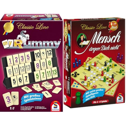 Schmidt Spiele 49282 - Classic Line MyRummy, Legespiel mit großen Spielsteinen & 49085 Classic Line, Mensch ärgere Dich Nicht, mit extra großen Spielfiguren aus Holz, Bunt von Schmidt Spiele