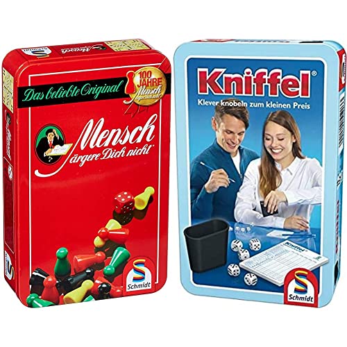 Schmidt Spiele 51204 Mensch ärgere Dich Nicht, Bring Mich mit Spiel in der Metalldose, Bunt & 51203 Kniffel, Bring Mich mit Spiel in der Metalldose, bunt von Schmidt Spiele