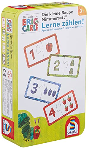 Schmidt Spiele 51238 Kleine Raupe Nimmersatt, Lerne zählen, Reisespiel in der Metalldose von Schmidt Spiele