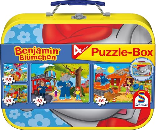 Schmidt Spiele 55594 Benjamin Blümchen, 4 Kinderpuzzle im Metallkoffer, 2x26 und 2x48 Teile von Schmidt Spiele