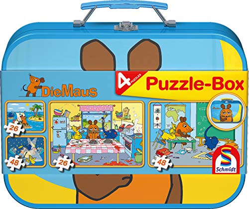 Schmidt Spiele 55597 Die Maus, 4 Kinderpuzzle im Metallkoffer, 2x26 2x48 Teile von Schmidt