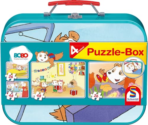 Schmidt Spiele 55892 Bobo Siebenschläfer, Puzzle im Metallkoffer, 2x26 und 2x48 Teile Kinderpuzzle, bunt von Schmidt