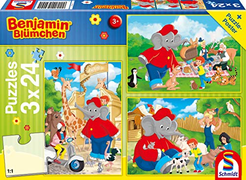 Schmidt Spiele 56400 Benjamin Bluemchen, Zoo, 3x24 Teile Kinderpuzzle, Bunt von Schmidt