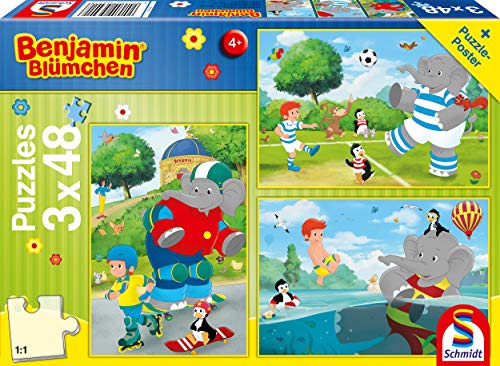 Schmidt Spiele 56401 Benjamin Blümchen, Sport und Spiel mit Törööö, 3x48 Teile Kinderpuzzle, Bunt, S von Schmidt