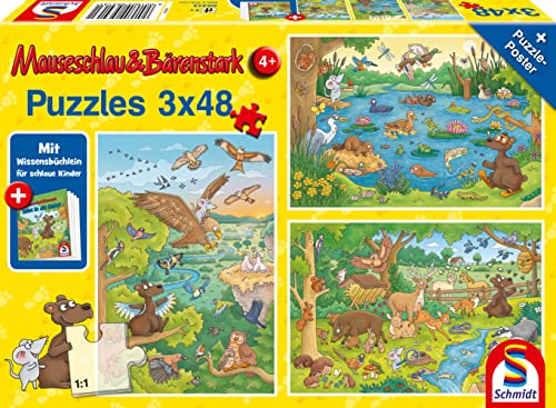 Schmidt Spiele Mauseschlau und Bärenstrak, Reise in die Natur, 3x48 Teile Kinderpuzzle, mit Wissensbüchlein von Schmidt