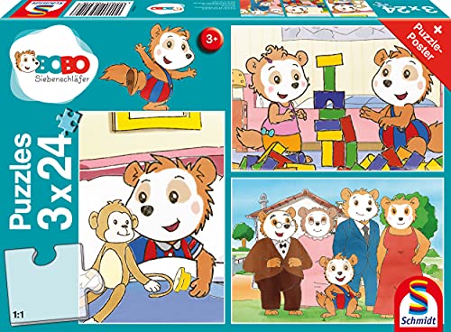 Schmidt Spiele 56414 Dinosaurier Bobo Siebenschläfer, Freunde und Familie, 3x24 Teile Kinderpuzzle, bunt von Schmidt