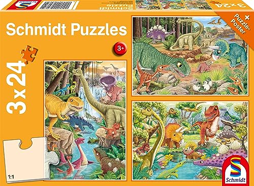 Schmidt Spiele 56465 Spaß mit den Dinosauriern, 3 mal 24 Teile Kinderpuzzle von Schmidt