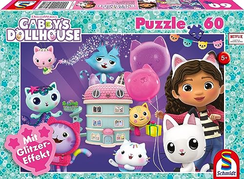 Schmidt Spiele 56473 Gabby's Dollhouse, Geburtstagsfeier im Puppenhaus, 60 Teile Kinder-Glitzerpuzzle von Schmidt