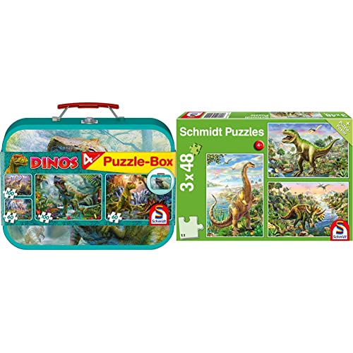 Schmidt Spiele 56495 Dinosaurier, 4 Kinderpuzzle im Metallkoffer, 2x60 und 2x100 Teile & 56202 Abenteuer mit den Dinosauriern, 3x48 Teile Kinderpuzzle von Schmidt