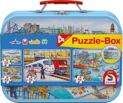 Schmidt Spiele 56508 Verkehrsmittel, 4 Kinderpuzzle im Metallkoffer, 2x26 und 2x48 Teile von Schmidt