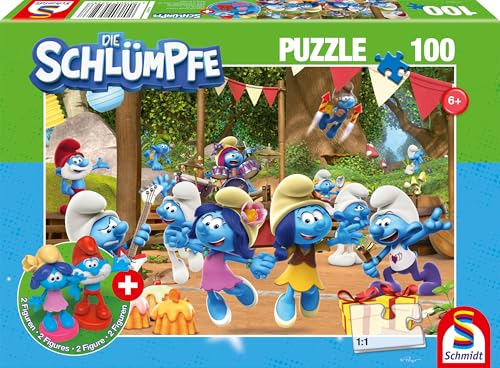 Schmidt Spiele 56523 Die Schlümpfe, Verschlumpfte Party, 100 Teile Kinderpuzzle, inklusive 2 Figuren, Mehrfarbig von Schmidt