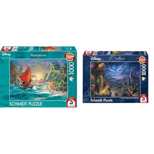 Schmidt Spiele 58030 Thomas Kinkade, Disney, Vaiana, Moana, 1000 Teile Puzzle, Normal & 59484 Thomas Kinkade, Disney Die Schöne und das Biest, Tanz im Mondlicht, 1000 Teile Puzzle von Schmidt