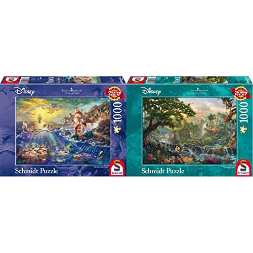 Schmidt Spiele 59479 Thomas Kinkade, Disney Kleine Meerjungfrau, Arielle, 1.000 Teile, Bunt, 693 x 493 mm & 59473 Thomas Kinkade 59473-Thomas, Disney Dschungelbuch, Puzzle, 1000 Teile, Bunt von Schmidt