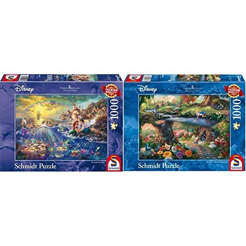 Schmidt Spiele 59479 Thomas Kinkade, Disney Kleine Meerjungfrau, Arielle, 1.000 Teile, Bunt, 693 x 493 mm & 59636 Thomas Kinkade, Disney, Alice im Wunderland, 1000 Teile Puzzle, Bunt von Schmidt