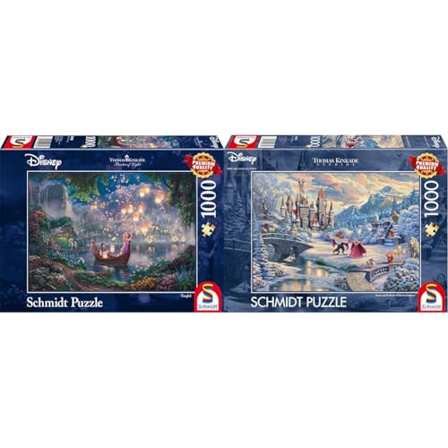 Schmidt Spiele 59480 Thomas Kinkade, Disney, Rapunzel, 1000 Teile Puzzle, Single & 59671 Thomas Kinkade, Disney, Die Schöne und das Biest, Zauberhafter Winterabend, 1000 Teile Puzzle von Schmidt