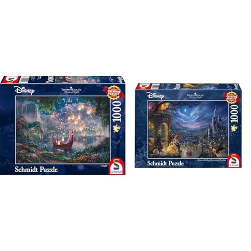 Schmidt Spiele 59480 Thomas Kinkade, Disney, Rapunzel, 1000 Teile Puzzle, Single & 59484 Thomas Kinkade, Disney Die Schöne und das Biest, Tanz im Mondlicht, 1000 Teile Puzzle von Schmidt