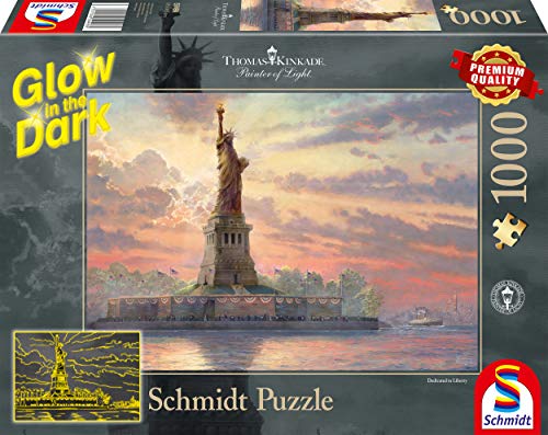 Schmidt Spiele 59498 Thomas Kinkade, Freiheitsstatue in der Abenddämmerung, Glow in The Dark, 1000 Teile Puzzle, Bunt von Schmidt