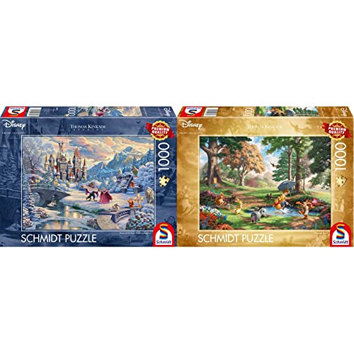 Schmidt Spiele 59671 Thomas Kinkade, Disney, Die Schöne und das Biest, Zauberhafter Winterabend, 1000 Teile Puzzle, Bunt & 59689 Thomas Kinkade, Disney, Winnie The Pooh, 1.000 Teile Puzzle, Bunt von Schmidt