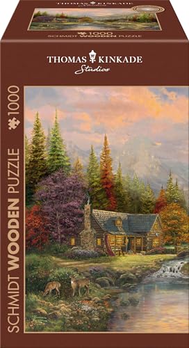 Schmidt Spiele 59799 Bergkulisse mit Bach, Thomas Kinkade, 1000 Teile Holzpuzzle, Mehrfarbig von Schmidt