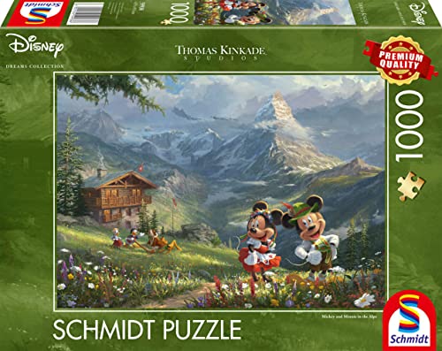 Schmidt Spiele 59938 Thomas Kinkade, Disney, Mickey & Minnie in den Alpen, 1.000 Teile Puzzle, Bunt von Schmidt