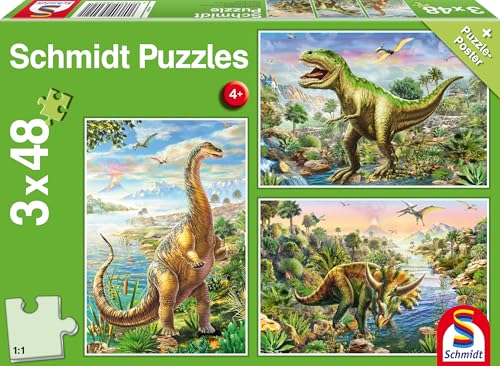 Schmidt Spiele 56202 Abenteuer mit den Dinosauriern, 3x48 Teile Kinderpuzzle von Schmidt